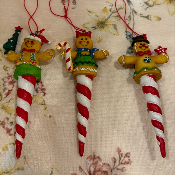 3 Adorable Gingerbread Themed Christmas Ornaments Red & White Icicles - Picture 1 of 10